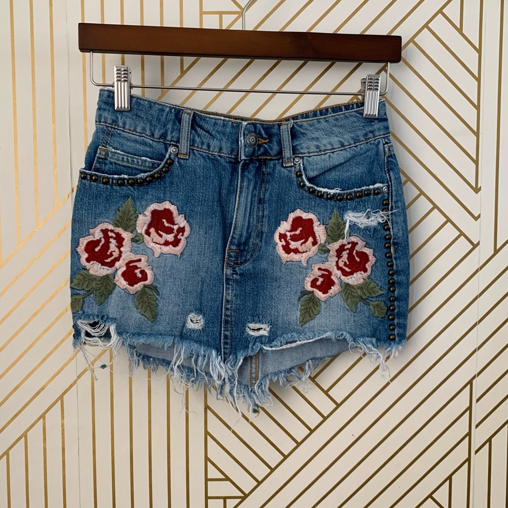 Free People Wild Rose Denim Skirt Floral boho Gypsy Embroidered Studded raw hem